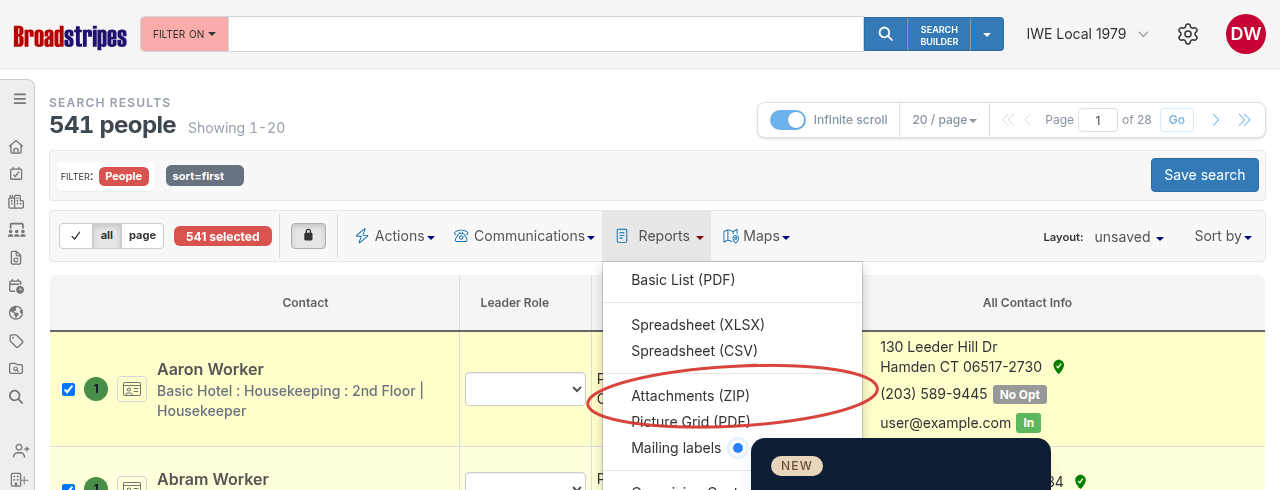 Reports menu showing the Attachments (ZIP) option