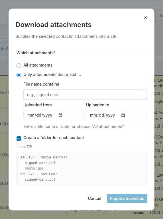 Download attachments dialog showing scope, filter, and ZIP layout options