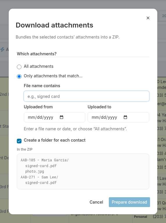 Download attachments dialog showing scope, filter, and ZIP layout options