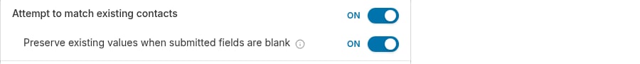 Preserve existing values switch shown as a sub-row of the Attempt to match existing contacts toggle