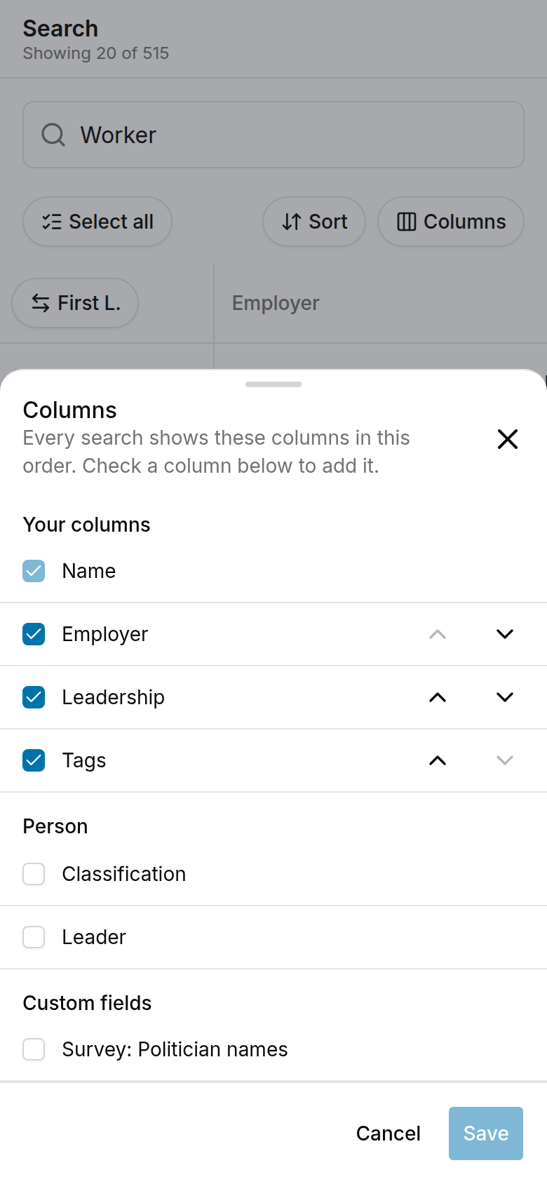 Column drawer with Your columns at the top, followed by the Person and Custom fields groups, and Cancel and Save buttons
