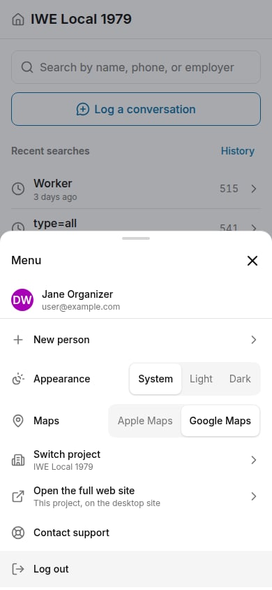 Phone menu with Appearance, Maps, Switch project, Open the full web site, Contact support, and Log out