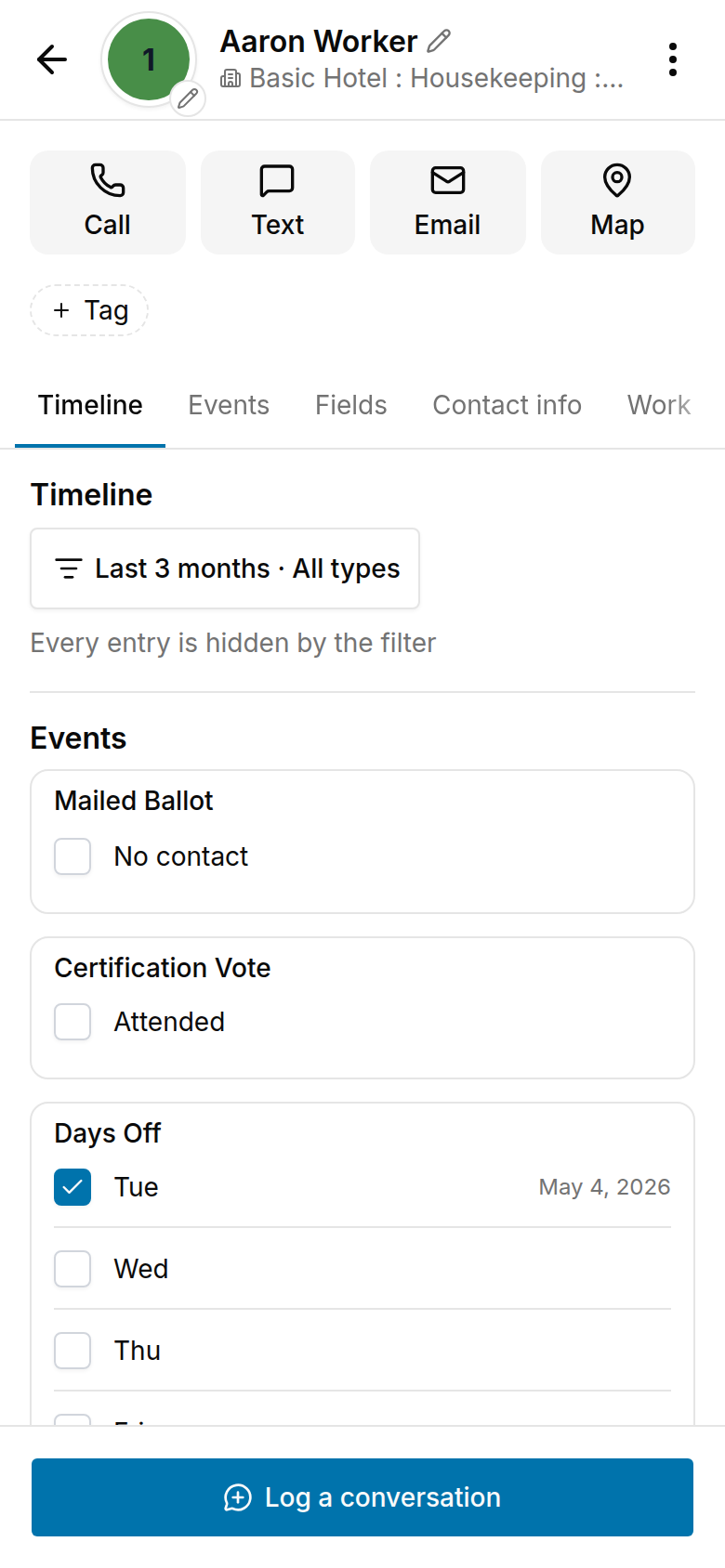 Person screen with the assessment code, Call, Text, Email, and Map buttons, the Tag button, and the Timeline and Events sections