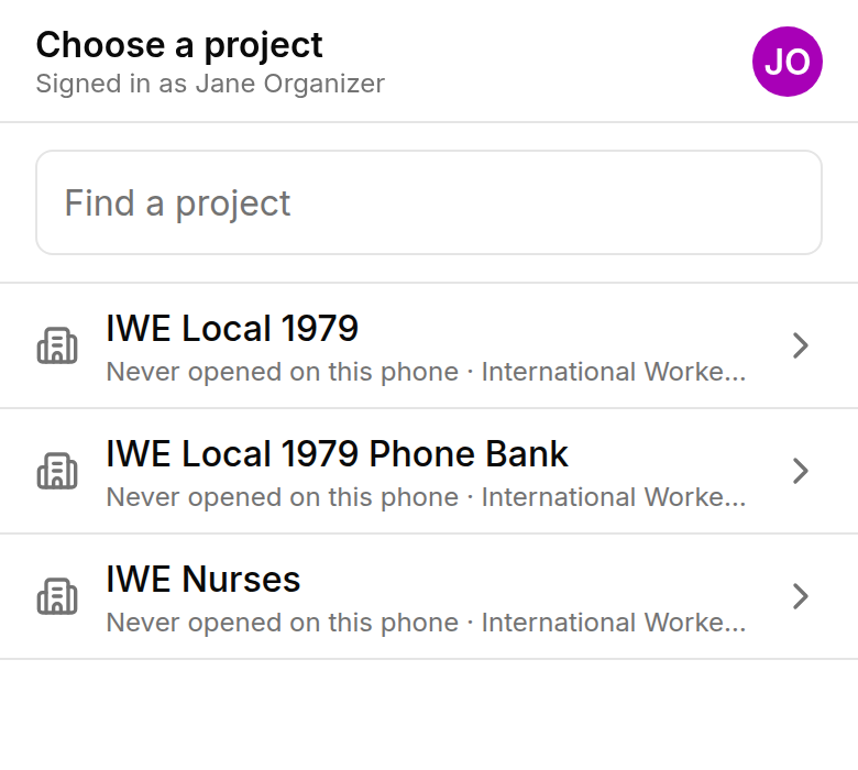 Choose a project screen listing three projects with a Find a project box at the top