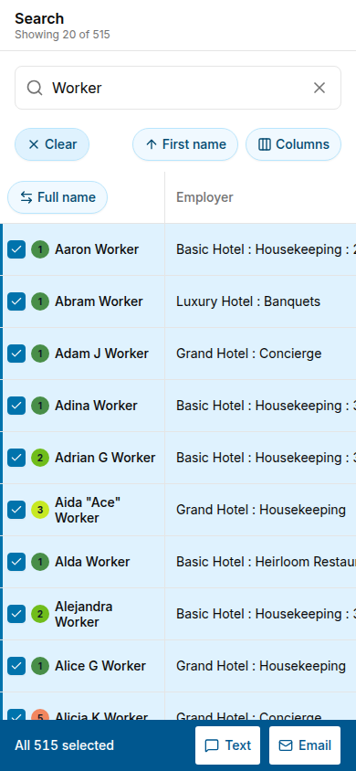 Results table with every row selected, the Clear button at the top, and the selection bar showing All 515 selected with Text and Email buttons