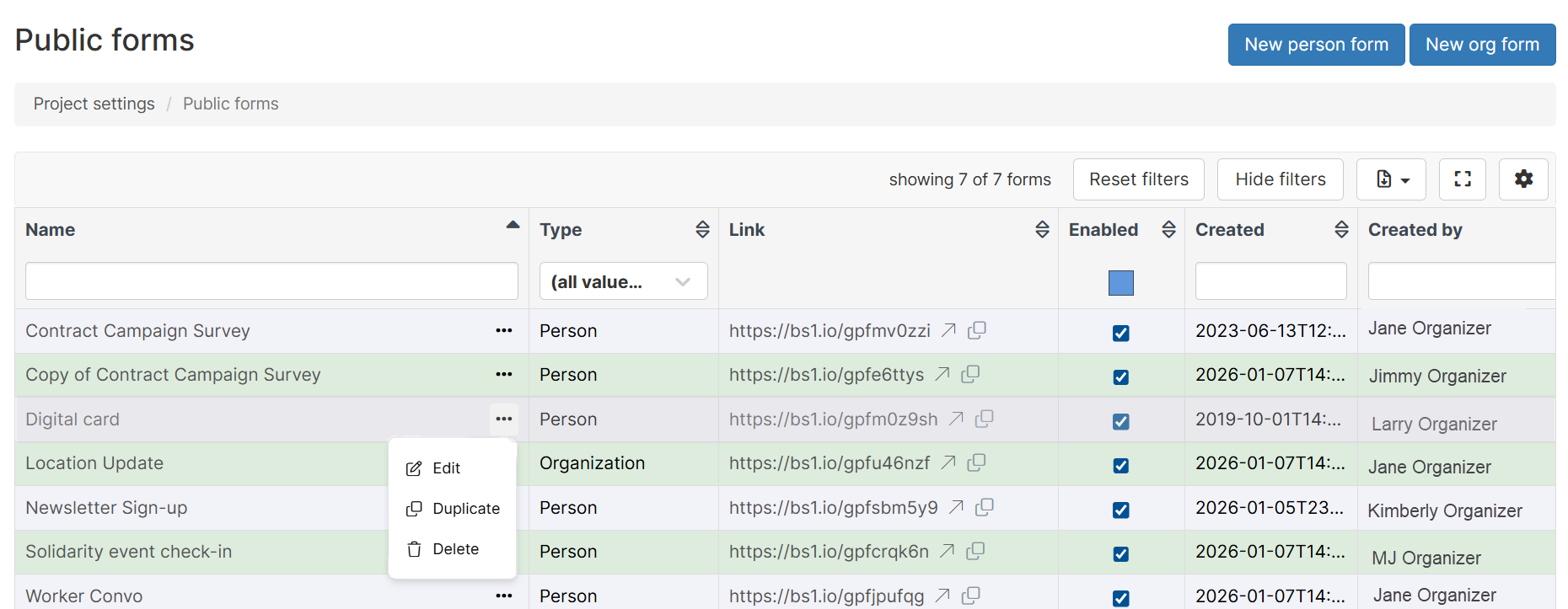Public forms index page