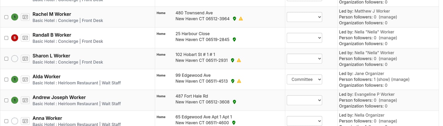 Search results scrolled down with the header unlocked, showing contact rows with no toolbar or column headers