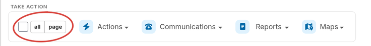 Search results toolbar with the all and page selection buttons under the Take action label