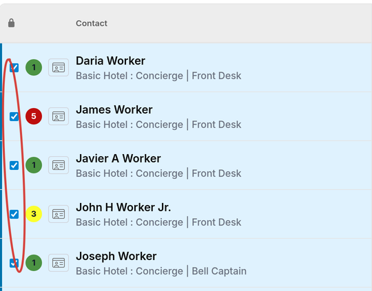 Search results list with checkmarks beside the first five selected contacts