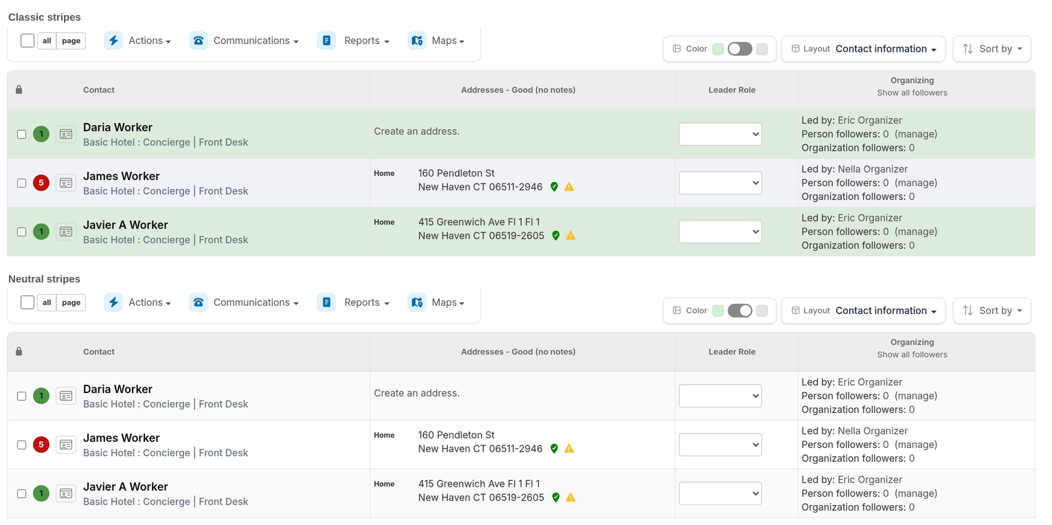 Search results shown with Classic green stripes and with Neutral grey stripes