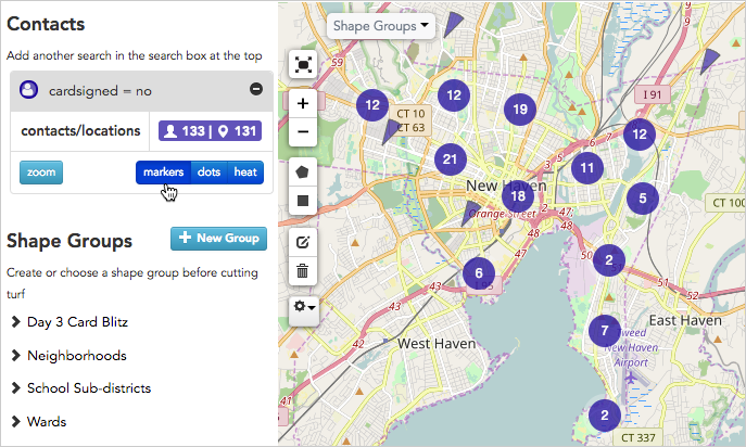 Contacts are shown with markers: Broadstripes automatically groups and displays a count of contacts in each section of the map.