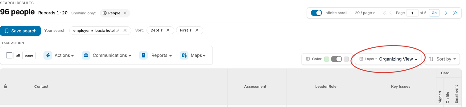 Search results toolbar with the Layout drop-down menu