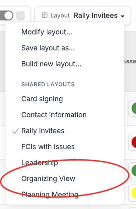 Layout menu open with Organizing View selected