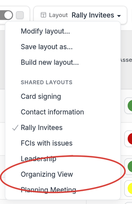 Layout menu open with Organizing View selected
