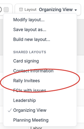 Layout menu open with the Rally Invitees layout selected