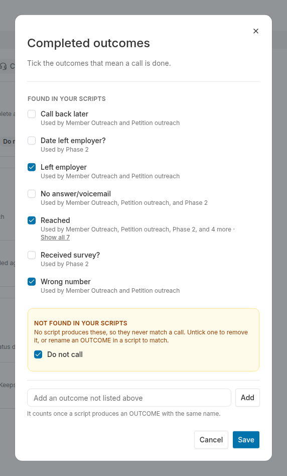 Completed Outcomes dialog with checkboxes for script outcomes and an amber section for outcomes not found in scripts