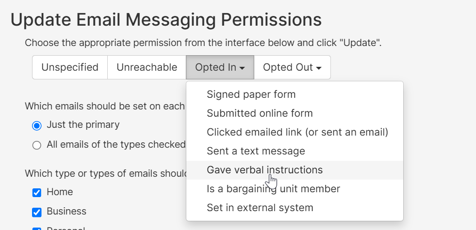 Choose Email Messaging Permissions Reason