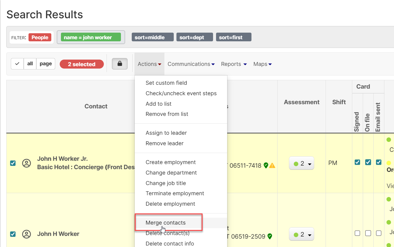 Actions menu with Merge Contacts option