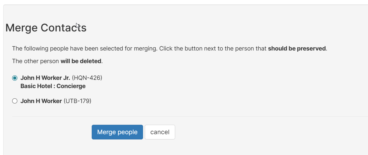 Merge contacts panel showing survivor selection