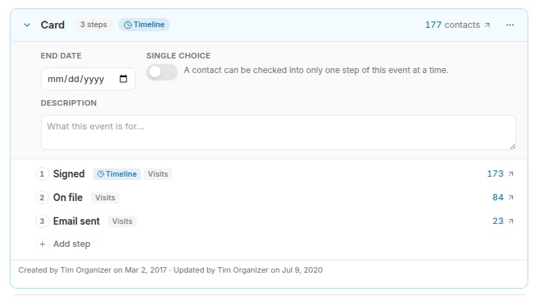 The Card event expanded on the Events page, showing its Signed, On file, and Email sent steps