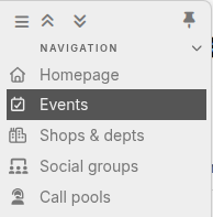 The expanded left sidebar with the Events link highlighted