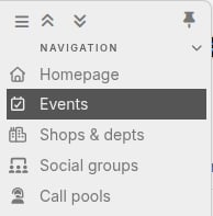 The expanded left sidebar with the Events link highlighted