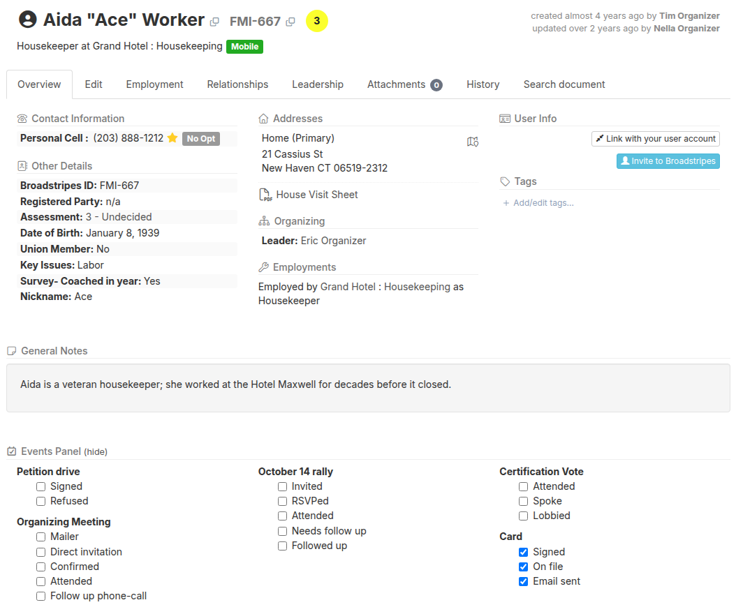 A contact record's Overview tab with the Events Panel at the bottom listing each event and its step checkboxes