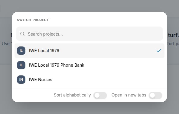 Project switcher dialog open showing a searchable list of projects