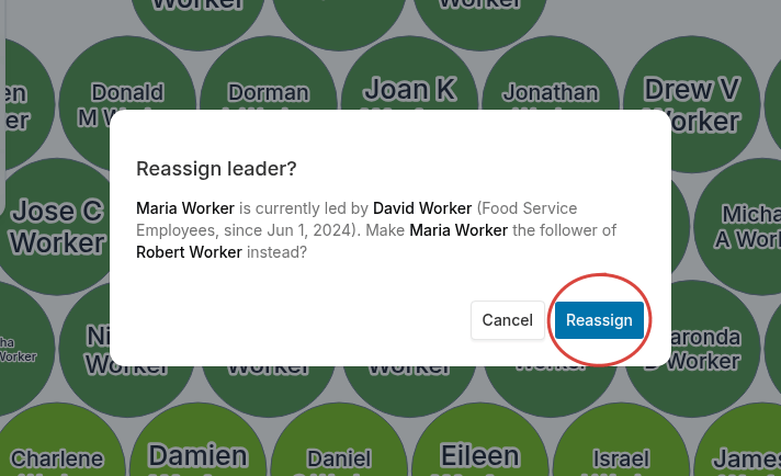 Reassign leader confirmation dialog