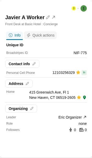 Search results showing the Quick view dialog for a person