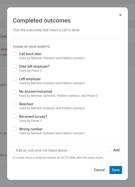 Completed Outcomes dialog with checkboxes for script outcomes and an amber section for outcomes not found in scripts