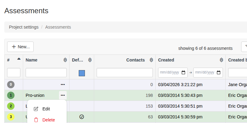 Assessment codes actions menu