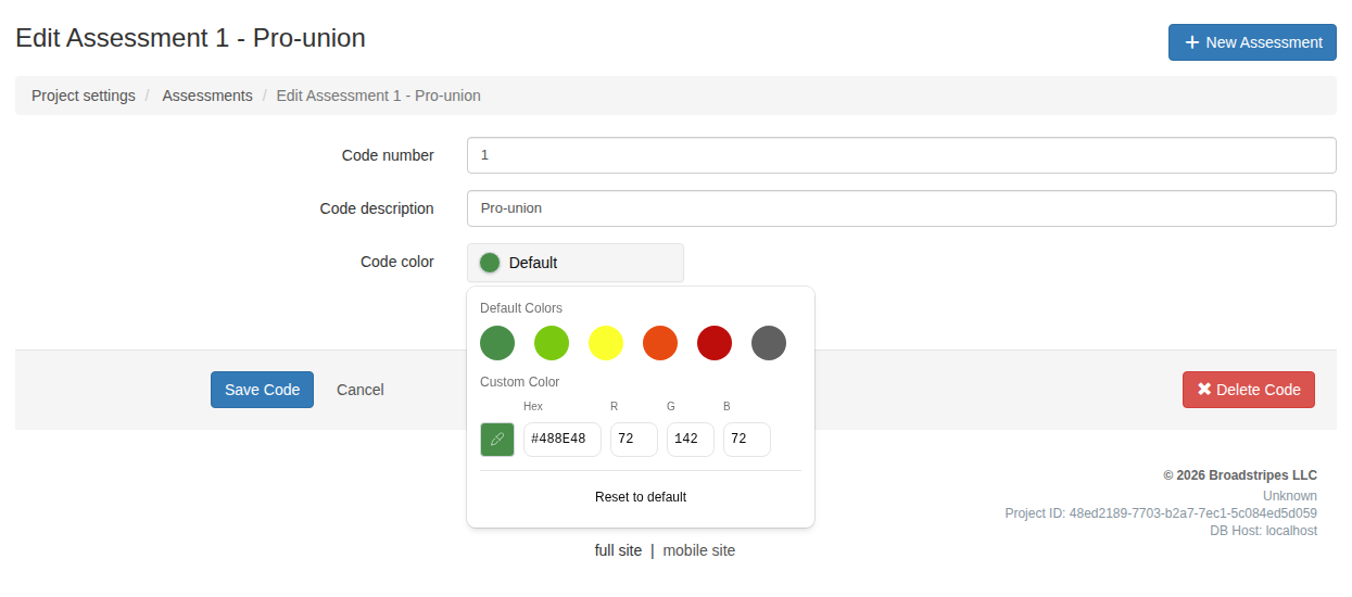 Assessment code color picker