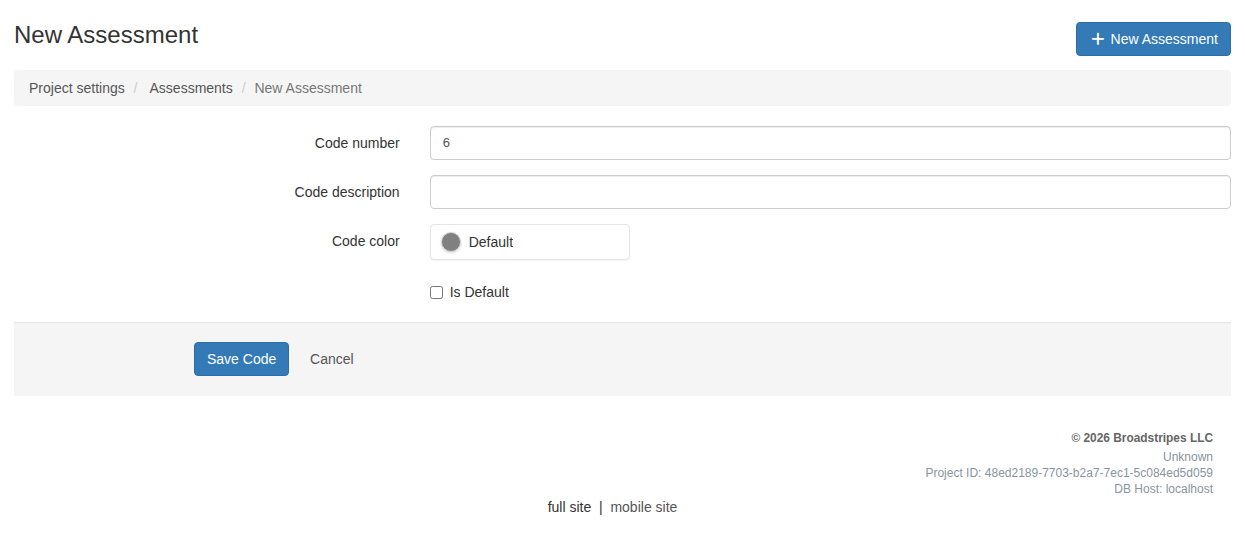 New assessment code form