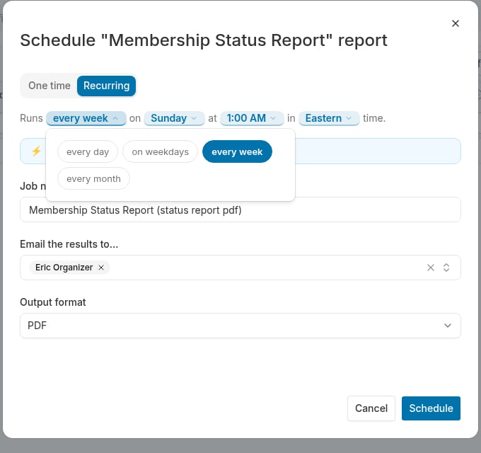 Schedule dialog on the Recurring tab with the frequency token open, offering every day, on weekdays, every week and every month