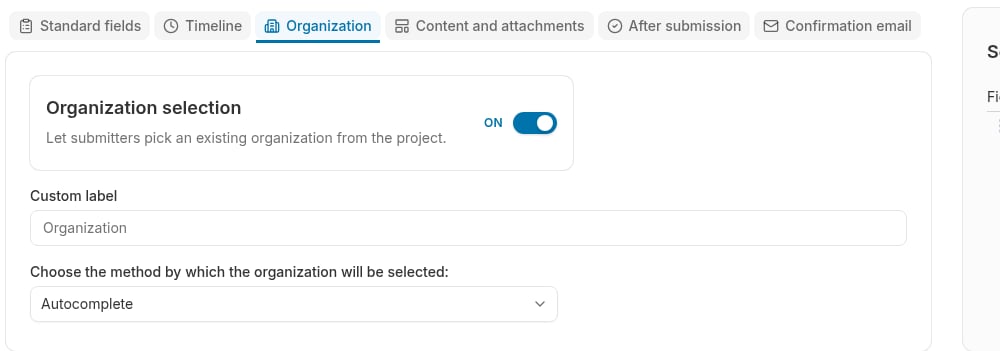 Organization selection card with its toggle switched on in the Organization tab