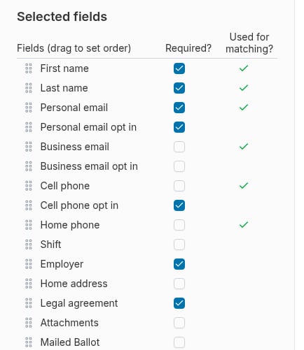 Selected fields panel with drag handles, Required? checkboxes, and Used for matching? indicators