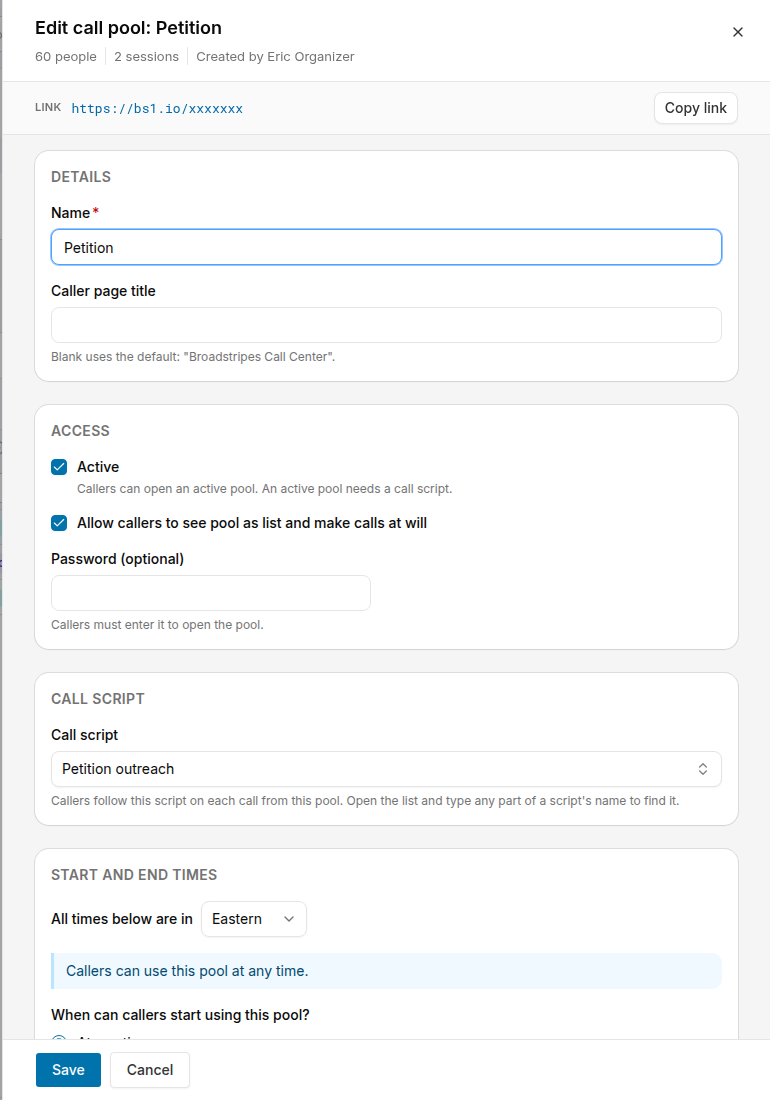 Edit call pool panel with Details, Access, Script, and Schedule sections
