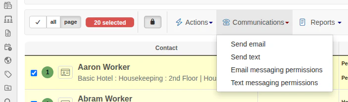 Communications dropdown menu showing the Send email option