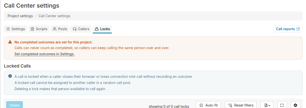 Locks tab in Call Center settings, showing a Locked Calls table with the caller name, person called, lock duration, and script, plus a ••• menu next to each caller for releasing the lock