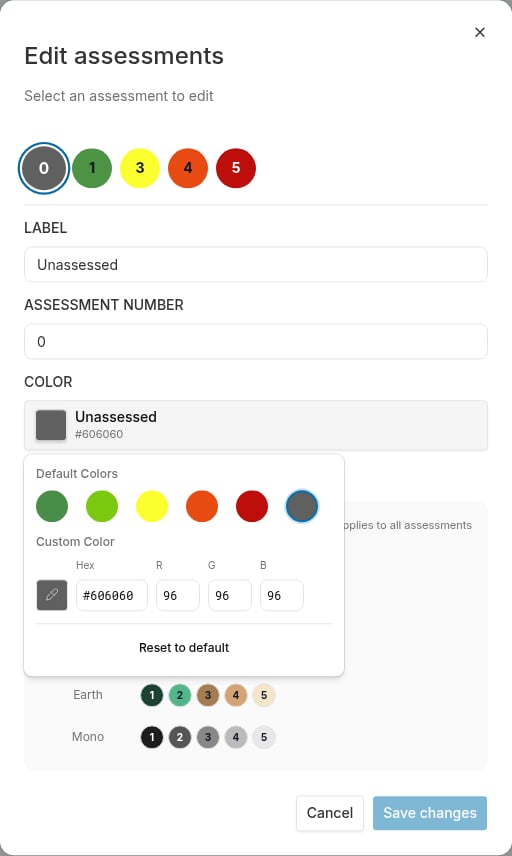 Assessment code color picker open in the Edit assessments dialog