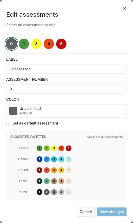 Edit assessments dialog with the scale preview and editing fields