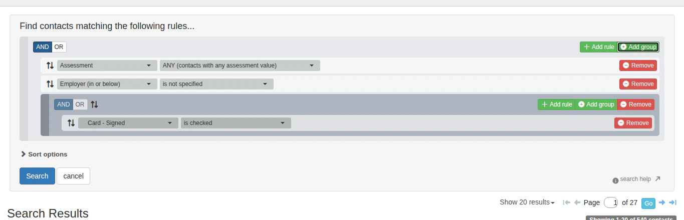 The search builder with two rules and a nested rule group