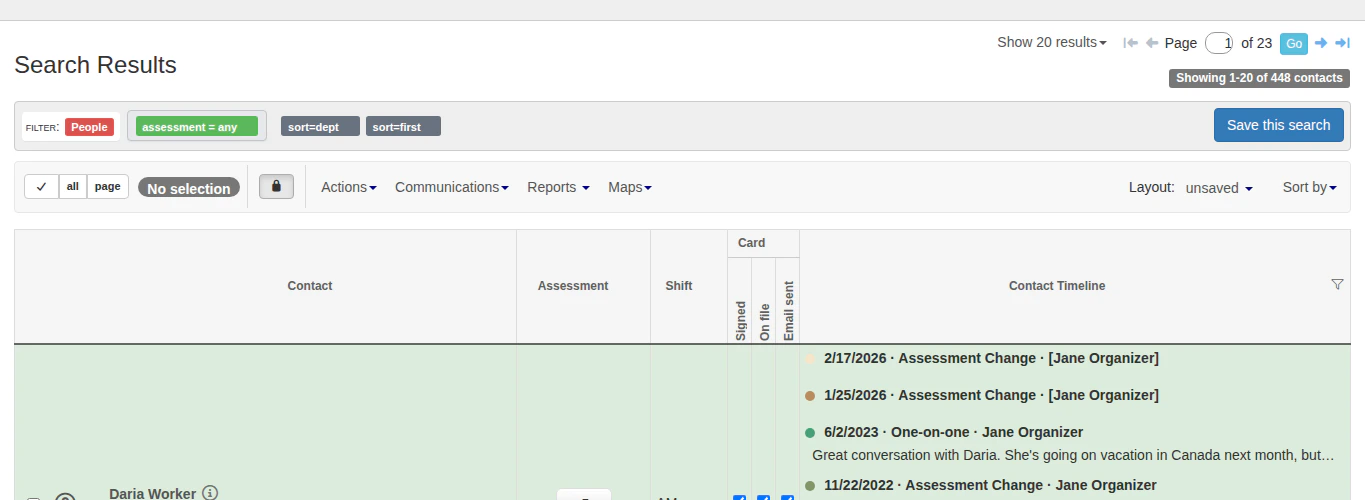 Search results showing filter badges and contact data