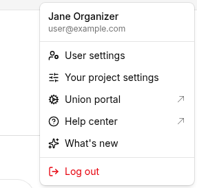 The user menu open, with User settings highlighted