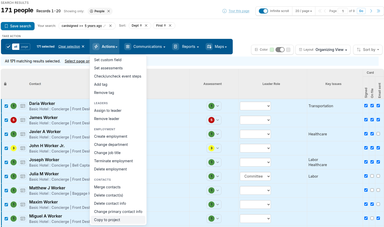 Search results with all matching results selected and the Actions menu open, Copy to project highlighted