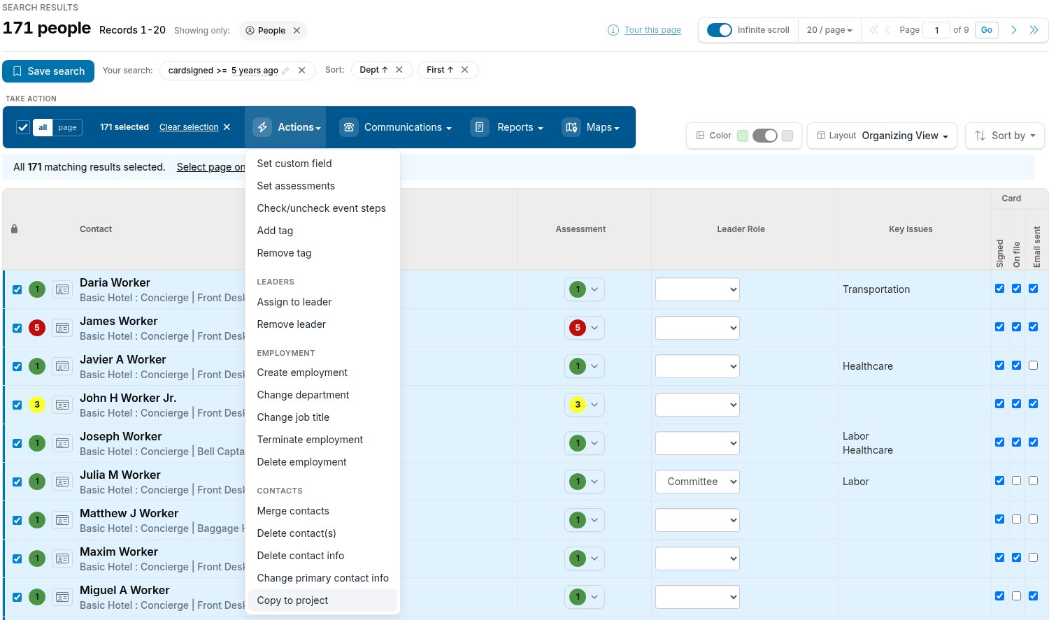 Search results with all matching results selected and the Actions menu open, Copy to project highlighted