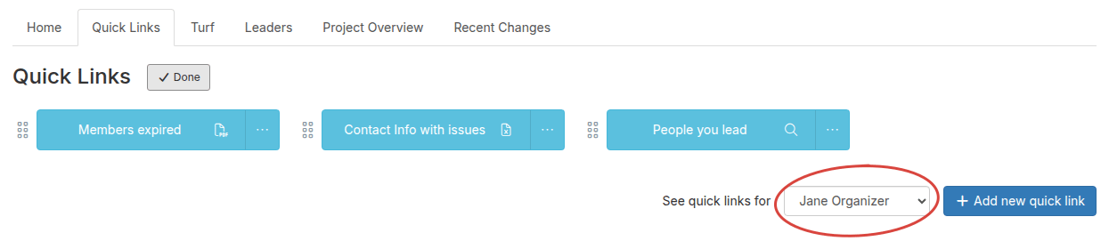 Quick Links tab in edit mode with the See quick links for drop-down circled