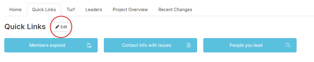 Quick Links tab with the Edit button beside the heading circled