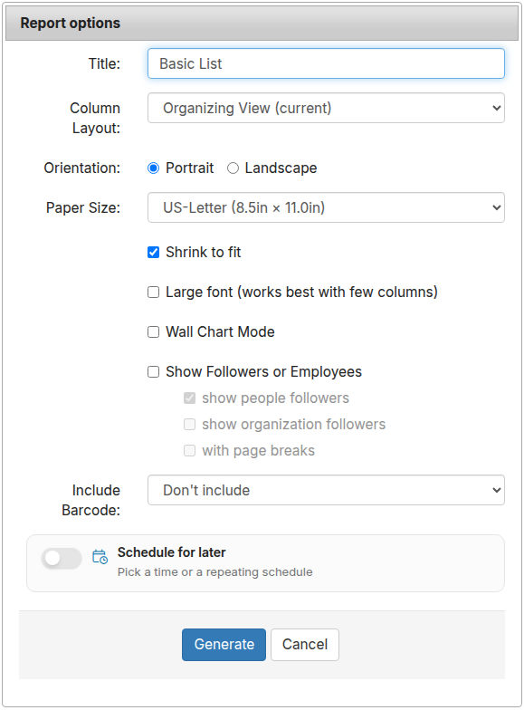 Report options dialog with title, layout, orientation, paper size, and formatting options